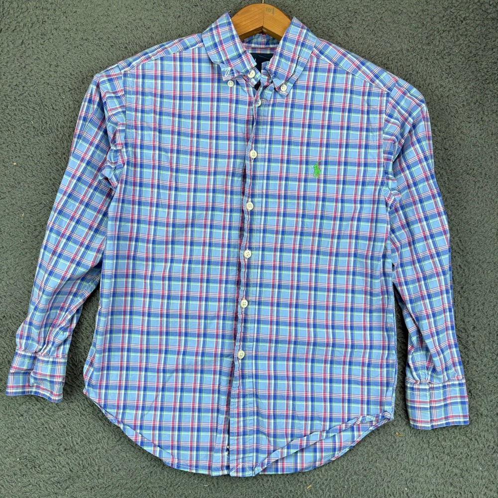 Ralph Lauren‎ Kids Blue Plaid Button Down Shirt Size S 8 Long Sleeve Cotton